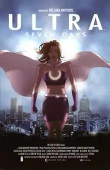 Ultra fills the foreground with her cape billowing behind her. The Spring City skyline is in the background along the lower half of the picture. The text on the image is styled after a movie poster.