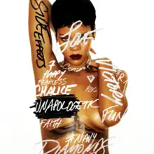 A picture of a woman with short black hair and dark lipstick, standing in front of a white back ground her nude torso is covered in graffiti-style words such as "Side Effects" in a black font on her arm, the rest of words are in a white/grey font; "Victory", "Chalice", "Diamonds", "Navy", "7", "#R7", "Diamonds", "Happy", "Censored", "Love", "Roc", "Fun", and "Fearless" as well as "Unapologetic" covering her left side nipple, she also has very thin jewelry, a pair of small earrings and two thin chains; one around her neck, the other around her nude torso, also showing her tattoo of the Egyptian goddess Isis between her cleavage..mw-parser-output cite.citation{font-style:inherit;word-wrap:break-word}.mw-parser-output .citation q{quotes:"\"""\"""'""'"}.mw-parser-output .citation:target{background-color:rgba(0,127,255,0.133)}.mw-parser-output .id-lock-free a,.mw-parser-output .citation .cs1-lock-free a{background:url("//upload.wikimedia.org/wikipedia/commons/6/65/Lock-green.svg")right 0.1em center/9px no-repeat}.mw-parser-output .id-lock-limited a,.mw-parser-output .id-lock-registration a,.mw-parser-output .citation .cs1-lock-limited a,.mw-parser-output .citation .cs1-lock-registration a{background:url("//upload.wikimedia.org/wikipedia/commons/d/d6/Lock-gray-alt-2.svg")right 0.1em center/9px no-repeat}.mw-parser-output .id-lock-subscription a,.mw-parser-output .citation .cs1-lock-subscription a{background:url("//upload.wikimedia.org/wikipedia/commons/a/aa/Lock-red-alt-2.svg")right 0.1em center/9px no-repeat}.mw-parser-output .cs1-ws-icon a{background:url("//upload.wikimedia.org/wikipedia/commons/4/4c/Wikisource-logo.svg")right 0.1em center/12px no-repeat}.mw-parser-output .cs1-code{color:inherit;background:inherit;border:none;padding:inherit}.mw-parser-output .cs1-hidden-error{display:none;color:#d33}.mw-parser-output .cs1-visible-error{color:#d33}.mw-parser-output .cs1-maint{display:none;color:#3a3;margin-left:0.3em}.mw-parser-output .cs1-format{font-size:95%}.mw-parser-output .cs1-kern-left{padding-left:0.2em}.mw-parser-output .cs1-kern-right{padding-right:0.2em}.mw-parser-output .citation .mw-selflink{font-weight:inherit}Snead, Elizabeth (9 September 2012). "Rihanna Gets Goddess Isis Tattooed on her Chest in Memory of her late Grandmother". Hollywood Reporter. Retrieved 27 September 2014.