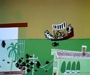 Cartoon showing a boat with about nine people in it floating on water. Submerged beneath the boat are a house, a palm tree, and power lines. There is also a school of swimming fish in the water beneath the boat.