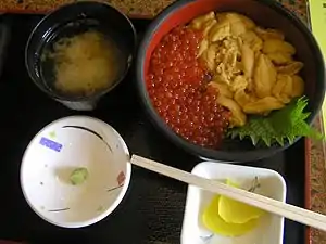 Japanese uni-ikura don, sea urchin egg and salmon egg donburi