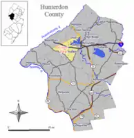 Location of Union Township in Hunterdon County highlighted in yellow (right). Inset map: Location of Hunterdon County in New Jersey highlighted in black (left).