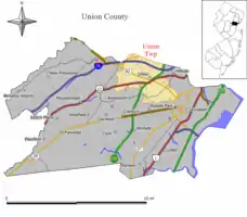 Location of Union Township in Union County highlighted in yellow (left). Inset map: Location of Union County in New Jersey highlighted in black (right).