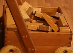 Wooden unit blocks, a type of toy block, in a wooden wagon