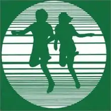 Green outlines of two joggers against a white circle which is against a green background