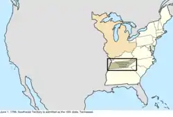 Map of the change to the United States in central North America on June 1, 1796