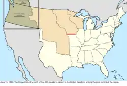 Map of the change to the United States in central North America on June 15, 1846