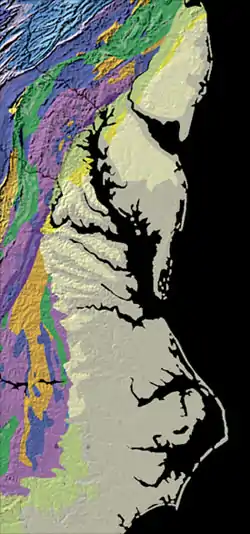 Map showing part of the Eastern Seaboard Fall Line where the pale colored coastal plain meets the brightly colored Piedmont.