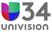 At left, the Univision logo, consisting of red, purple, green and blue blocks in the shape of a U. At right, a gray 34 in a sans serif. Below both, a gray Univision wordmark in stylized unicase.