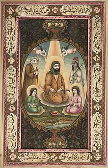 A painting highlighting Ali, with Hasan, Husayn and two angels