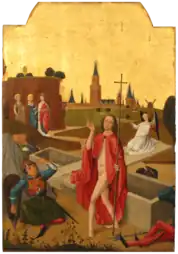 Resurrection of Jesus (detail from the Colmar Altarpiece). The mutilation of the panel can most clearly be seen at the lower right.