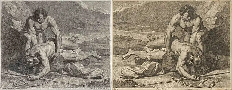 After an untitled academie by Nicolas de Poilly the Younger, two different engravingsː left, by his brother Jean-Baptiste de Poilly, and right, by Johann Conrad Reiff.