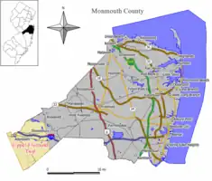 Location of Upper Freehold Township in Monmouth County highlighted in yellow (right). Inset map: Location of Monmouth County in New Jersey highlighted in black (left).