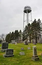 gravestones with names like "Johnson" and "Anderson", with pine trees and the Upsala water tower in the background