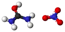 Ball-and-stick models of the ions in urea nitrate