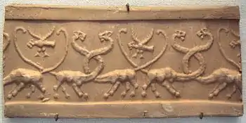 Cylinder seal with serpopards (monstrous lions) and lion-headed eagles; 4100–3000 BC; jasper; Louvre. This design was also adopted in Egypt as a consequence of Egypt-Mesopotamia relations.