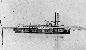The USS Naiad (Tinclad #53) on the Western Rivers during the American Civil War, reproduced as a stereograph. Note mine-clearing "rake" projecting from her bow.
