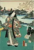 Utagawa Kunisada (1786-1864), Genji, modern, admiring cherry blossoms, 1859