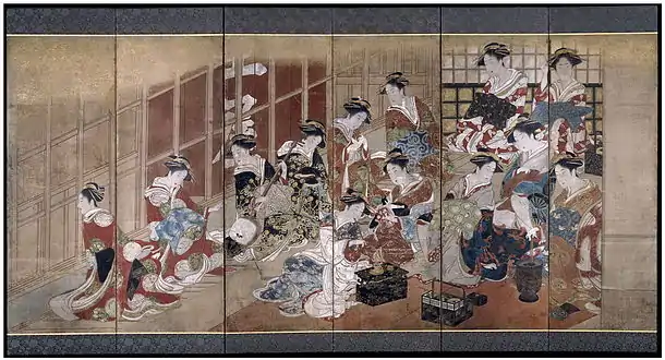 Courtesans of the Tamaya HouseToyoharu, byōbu screen painting, c. 1770s–80s