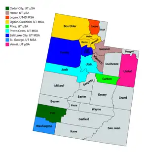 Map of the nine core-based statistical areas in Utah.