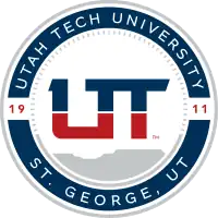 The presidential seal of Utah Tech University, with a representation of the red rocks behind it