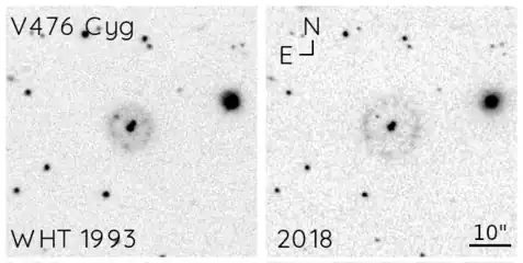 Two images of the shell surrounding V476 Cygni taken 25 years apart, showing the nebula's expansion.  Both were taken with Hα filters, left at the William Herschel Telescope, and right with the Nordic Optical Telescope.