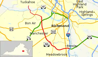 Bon Air is located directly west of Downtown Richmond outside the city limits defined by the Chippenham Parkway on the south side of the James River.