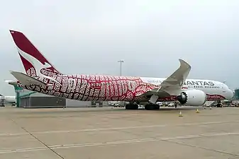 A Boeing 787-9 in 2018 wearing the Yam Dreaming livery. The aircraft has carried the colour scheme since 2018.