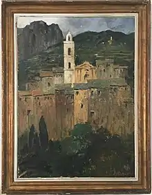 Corsican village painted by Robert Falcucci. Presumably the village of Verdèse (Haute-Corse). Date : unknown. Size : 100 cm x 75. Private collection.