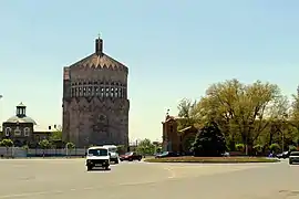 The church as seen between the Gevorkian Seminary and the Gate of Vazgen I