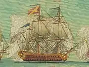 a simplistic image of an 18th-century warship wreathed in gunsmoke