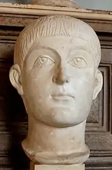 A Roman bust depicting either Valens or Honorius; marble, ca. 400 AD