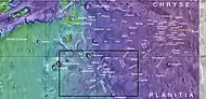 Map showing relative positions of several channel systems in Lunae Palus quadrangle, including the Vedra Valles, Maumee Valles, and Maja Valles.  Box indicates where these valleys can be found. Colors show elevation.