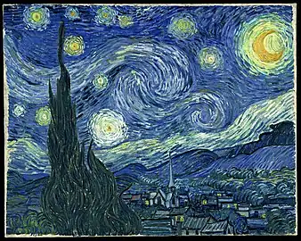 Starry Night by Vincent van Gogh (1889) features orange stars and an orange moon.