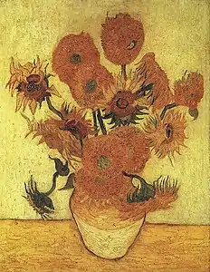 Sunflowers (F457), replica of the 4th version (yellow green background)Oil on canvas, 100 × 76 cmSompo Japan Museum of Art, Tokyo, Japan.