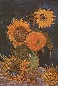 Vase with Six Sunflowers(Arles, August 1888)Private collection, Japan, destroyed by fire in World War II on 6 August 1945