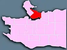 Location of Downtown Vancouver shown in red