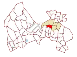 Location on the map of Vantaa, with the district in red and the major region in light brown