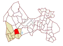 Location on the map of Vantaa, with the district in red and the Myyrmäki major region in light brown