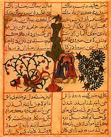 Page depicting a tree, a man, a woman, a rooster, a bird, and flowers in the center, with Arabic text above and below