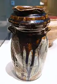 Karatsu Vase, with lacquer lid for use as tea ceremony water jar. Momoyama period, 1596-1615