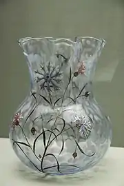 Vase with Bleuet flowers, "Moonlight blue" polychrome glass with enamel flowers, speckles (1879)