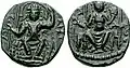 A bronze coin of Vasudeva II enthroned. Circa CE 290-310