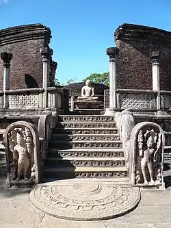 Vatadage Temple, in Polonnaruwa, is a uniquely Sri Lankan circular shrine enclosing a small dagoba. The vatadage has a three-tiered conical roof, spanning a height of 40–50 feet, without a center post, and supported by pillars of diminishing height