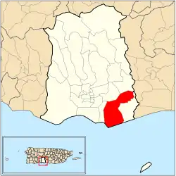 Location of Vayas barrio within the municipality of Ponce shown in red