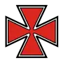 an insignia in the shape of a red Maltese cross with a black outline