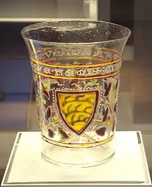 Aldrevandini beaker, a Venetian glass with enamel decoration derived from Islamic technique and style. c. 1330.