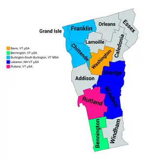 Map of the five core-based statistical areas in Vermont.
