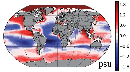 Vertical differences in sea salinity between the surface and a depth of 300 metres. Salinity increases with depth in red regions and decreases in blue regions.