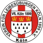 a red and white circular logo, around which is the written the full name of the club, in the centre is a shield which resembles the coat of arms of Cologne with the words "VfL Koln 1899" at the top