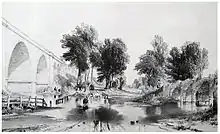 Lithograph of the packhorse bridge and the railway viaduct